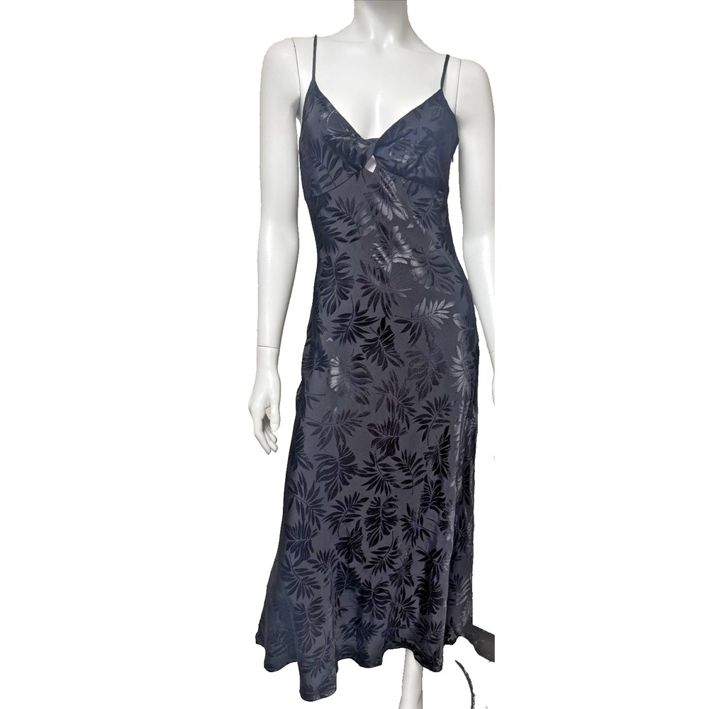 Black Slip Dress Women's Med Botanical Jacquard LBD Twist Front Keyhole Bias Cut